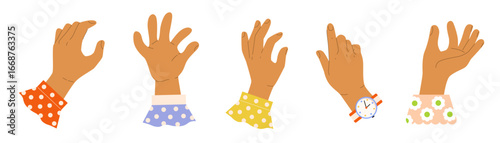Various gestures of female hands with bright polka dot cuffs, flower, which hold an object upward. Vector template for creative stylish design in field of cooking, gardening, fashion.