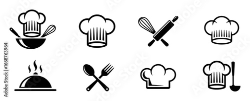 Collection of Culinary Icons: Chef Hats, Utensils, and Serving Dish