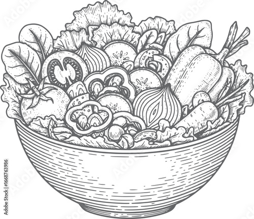 Engraved illustration of a healthy salad bowl featuring fresh vegetables and eggs for product design applications 