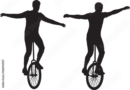 Two athletes balancing on unicycles silhouette