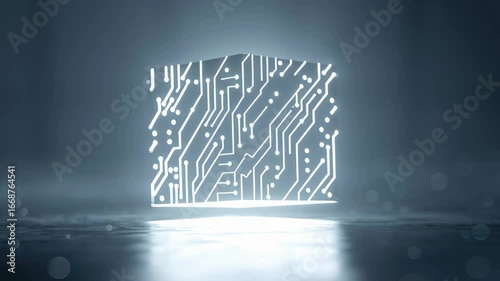 Glowing ai cube with circuit pattern symbolizes value and futuristic digital technology innovation on dark reflective surface in misty environment
