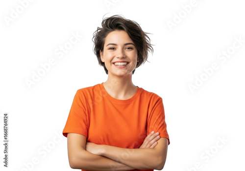 Smiling woman with short brown hair wearing an orange tshirt isolated on white isolated on transparent background