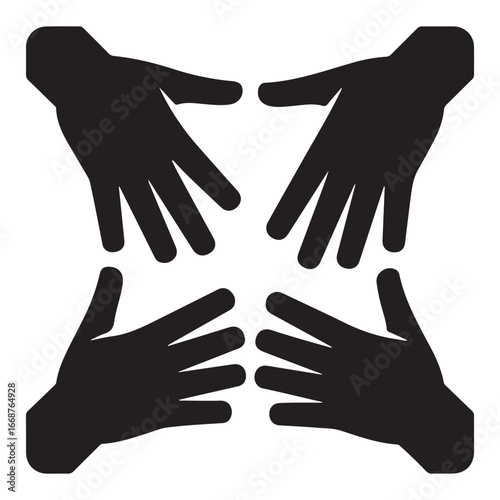 Four black hands reaching towards each other in a circle together unity