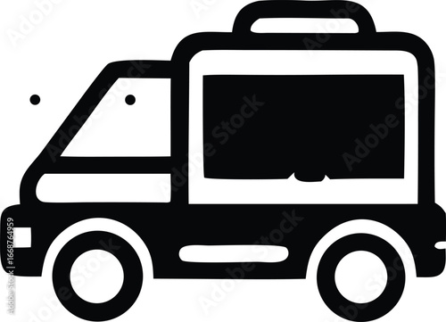 Simple black and white icon of a delivery truck vehicle for logistics and transportation services highlighting service business and moving operations