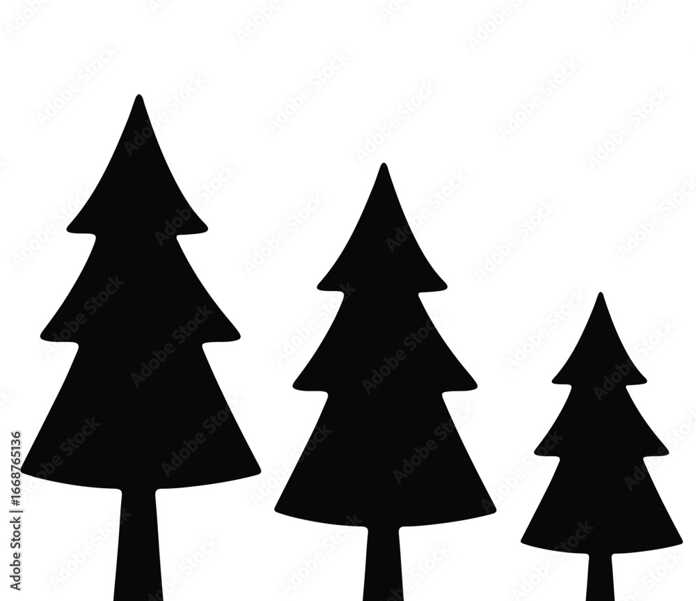 Fototapeta premium Minimalist icon of three coniferous trees standing tall against on white background