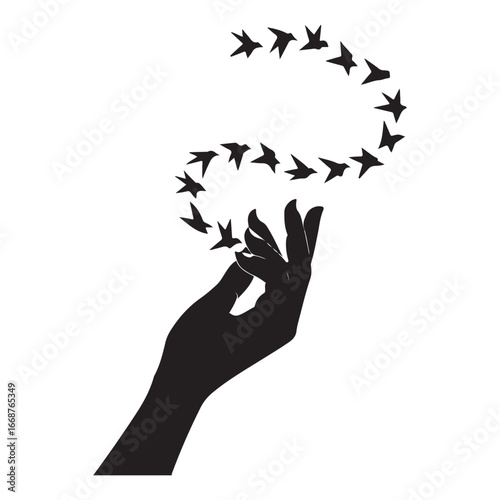 Black silhouette of a hand releasing a flock of birds in a circular motion flying