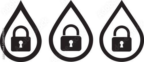 Three water droplets with padlocks inside silhouette