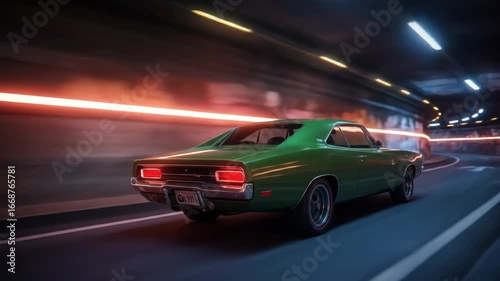 Green Muscle Car Speeding Through Urban Tunnel - A vibrant green classic muscle car speeds through a dimly lit urban tunnel, with blurred lights creating a sense of motion.