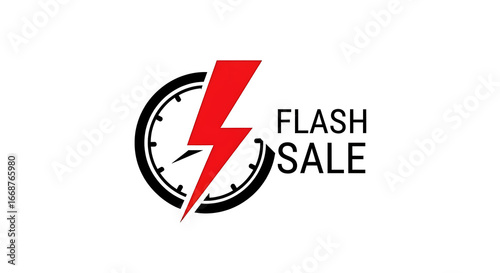 Flash sale promotion graphic with a clock and red lightning bolt on a white background design element ai generated