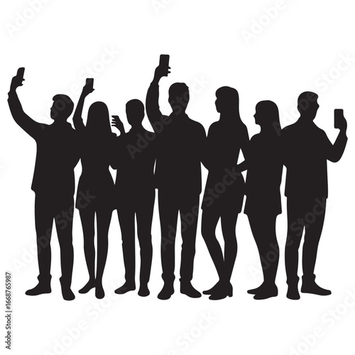 Group of people taking selfies with smartphones black silhouette on white background mobile phone
