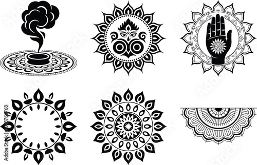 Durga Puja invitation mandala frame silhouette, Hindu festival invitation card design silhouette, Traditional Durga Puja celebration invitation template