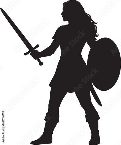 Powerful female warrior silhouette with sword and shield ready for battle