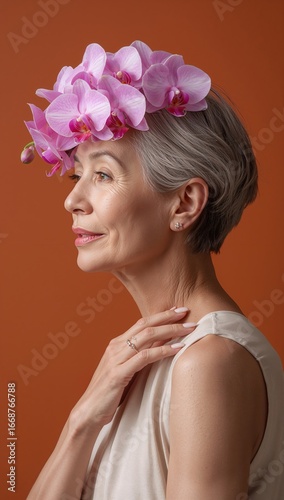 Mature woman with short gray hair wearing pink orchid flower crown against orange background