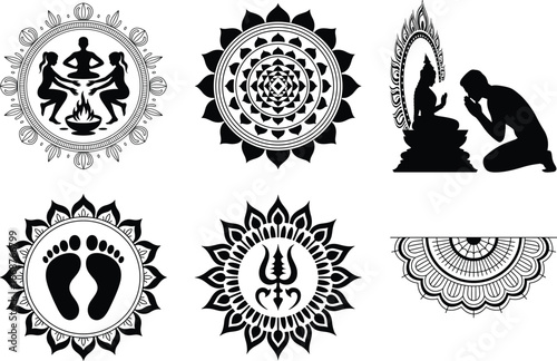 Durga Puja invitation mandala frame silhouette, Hindu festival invitation card design silhouette, Traditional Durga Puja celebration invitation template