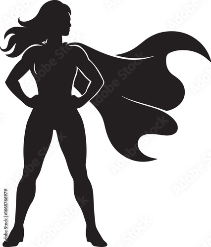 Silhouette of a powerful female superhero with a flowing cape