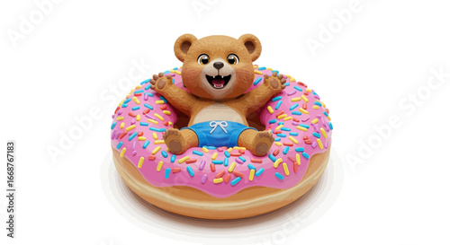 Adorable Bear Cub Floating in a Sprinkled Donut
