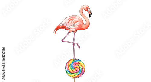 Whimsical Flamingo Balancing on a Colorful Lollipop Illustration
