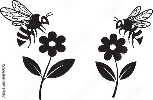 Two bees hovering over flowers silhouette
