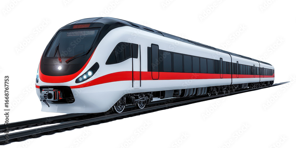Fototapeta premium Modern high speed train on tracks isolated on a white transparent background, for public transport use