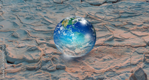 Fototapeta Naklejka Na Ścianę i Meble -  Glass Globe (planet earth) on ice at sunset 