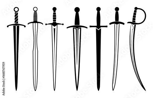 Collection of Silhouetted Swords and Saber on White Background