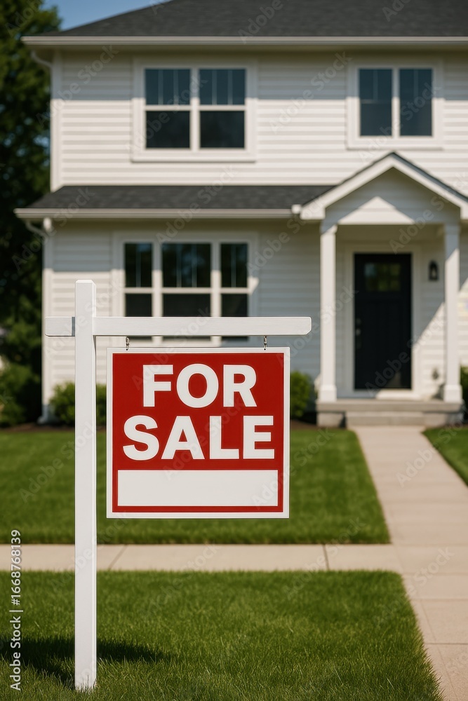 Fototapeta premium Modern suburban house with real estate for sale sign on green lawn in front yard, sunny summer day