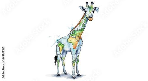 Illustration of a giraffe with world map continents, symbolizing global environmental issues, climate change, and the crucial need for ecological preservation and sustainability