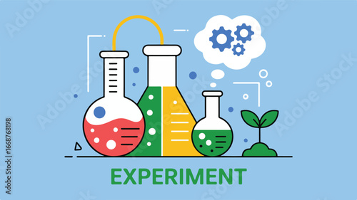 Flat design science experiment with beakers and plant laboratory flasks