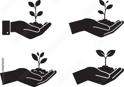 Four hands holding seedlings in soil silhouette