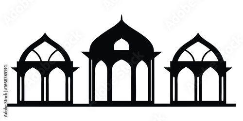 Indian. Architecture. Pavilion. A minimal black vector silhouette of a traditional Indian or Mughal garden pavilion for a wedding invitation, a travel logo, or an elegant branding element.