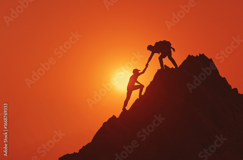 A silhouette of one boy helping girl reach the top, reaching out their hand to help someone else up from a mountain peak, with sunlight shining through in the background. The scene conveys unity and d