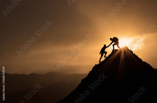 A silhouette of one boy helping girl reach the top, reaching out their hand to help someone else up from a mountain peak, with sunlight shining through in the background. The scene conveys unity and d
