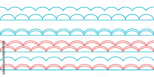 Scalloped. Border. Pattern Brush. A colorful vector set of outline and layered scalloped borders for creating seamless patterns, scrapbooking layouts, or fun digital illustrations.