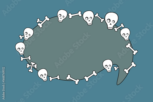 Creative cloud under  text, speech bubble. Frame is decorated with skulls and bones in  Halloween style. One icon isolated on  dark background. Flat design.