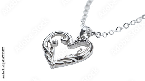 • A silver necklace with a heart pendant for Mother’s Day, isolated on white background in HD 