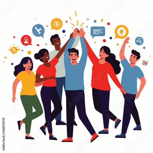 A diverse and enthusiastic team of individuals celebrates a shared success with a high-five, surrounded by icons of innovation and communication.