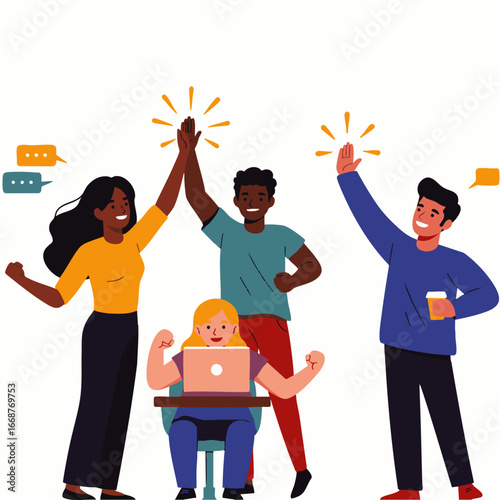 A diverse group of enthusiastic colleagues celebrates successful teamwork and collaboration with high-fives and positive energy, symbolizing achievement.