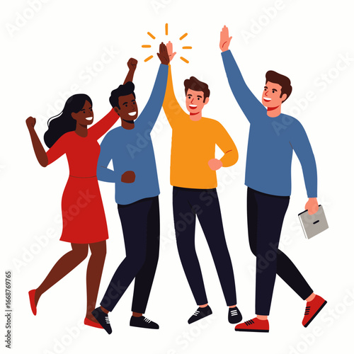 A diverse group of cheerful colleagues celebrates their shared success with enthusiastic high-fives, symbolizing teamwork, achievement, and unity in a vibrant display.