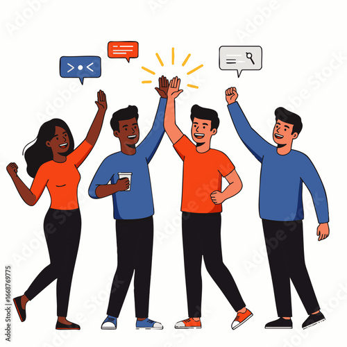 A diverse group of young professionals celebrates a successful project with a triumphant high-five, symbolizing effective teamwork, achievement, and shared happiness.