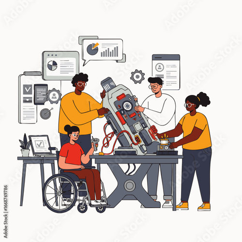 A diverse and inclusive team of engineers collaboratively works on an advanced robotic device, symbolizing innovation, technology, and collective problem-solving.