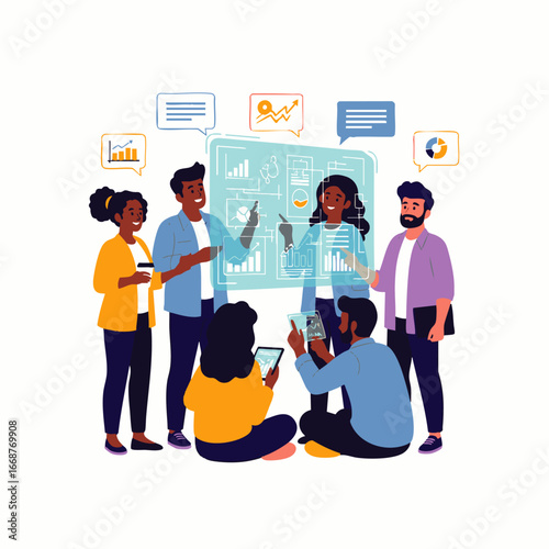 Diverse business team collaborating on a futuristic holographic data display, analyzing market trends and developing innovative strategies for growth.
