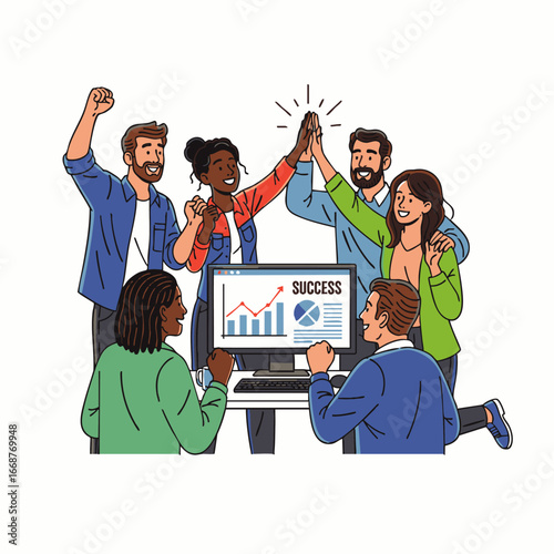 A diverse and enthusiastic team of professionals celebrates a significant business achievement, demonstrating successful collaboration, shared triumph, and collective joy.