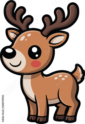 Cute cartoon reindeer with antlers and red cheeks in festive Christmas style on transparent background