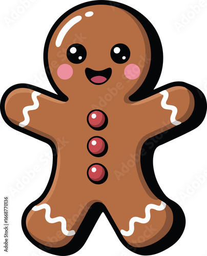 Cute cartoon gingerbread man cookie with smiling face, pink cheeks, icing details, and buttons for Christmas and holiday themes on transparent background
