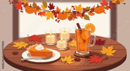 Autumn Table with Pumpkin Pie Vector
