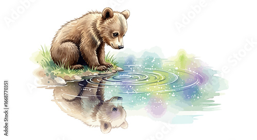 A Curious Bear Cub Gazes at its Reflection in a Shimmering, Colorful Pond