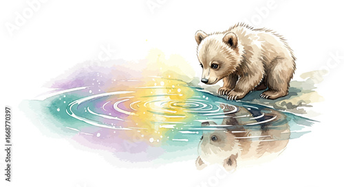 Curious Bear Cub Gazing at Its Reflection in Colorful Water