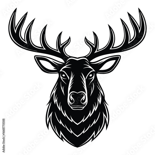 A bold, front-facing illustration of a majestic deer or stag head with antlers, ideal for symbolizing wildlife, nature, hunting, and the outdoors