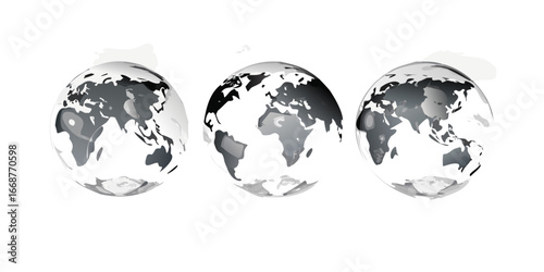 Set of transparent globes of Earth. Realistic world map in globe shape with transparent texture and shadow .icon
