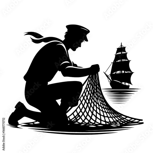 Fisherman hauling net against sailing ship